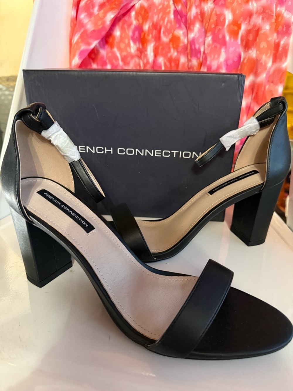 French Connection Dream Ankle Strap Block Heel Vegan Leather New In Box